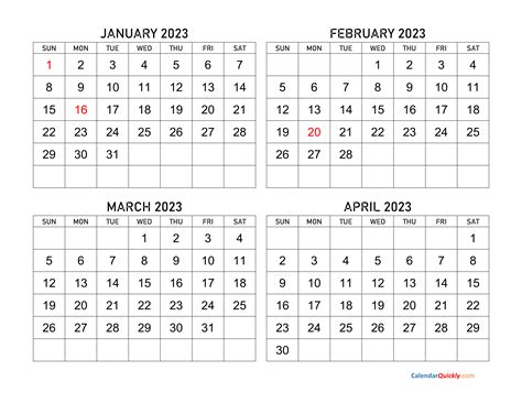 January To April 2023 Calendar Calendar Quickly