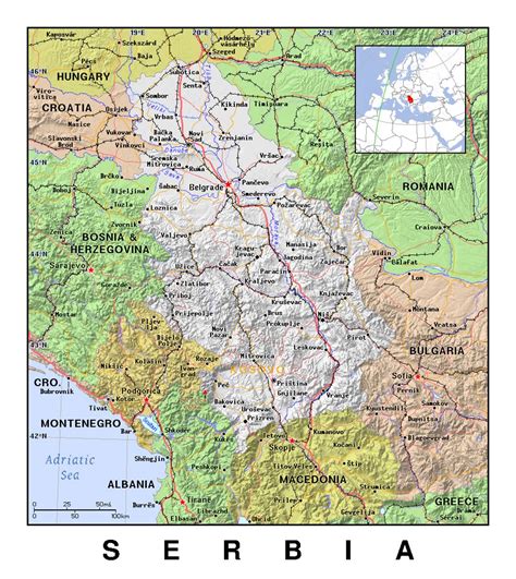 Детальная политическая карта Сербии с рельефом Сербия Европа Maps