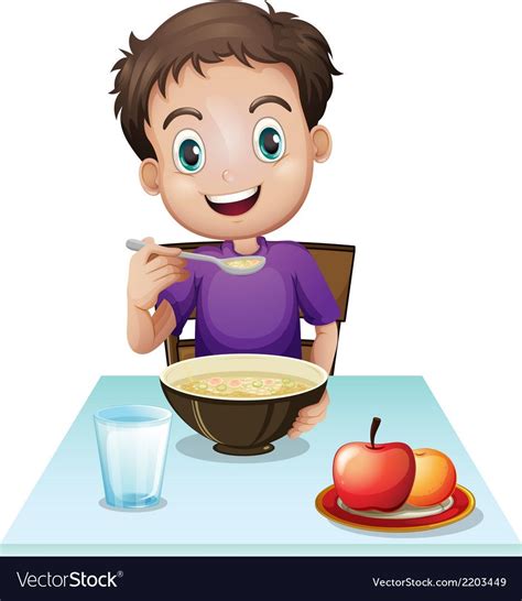 A Boy Eating His Breakfast At The Table On A White Background Download