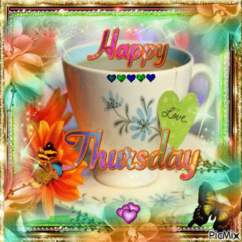 A Happy Thursday Card With A Coffee Cup And Flowers On The Table Next To It