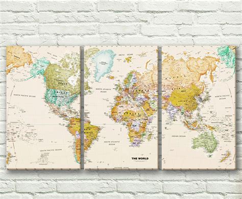 Set Of 3 World Map Stretched Canvas Prints Framed Wall Art