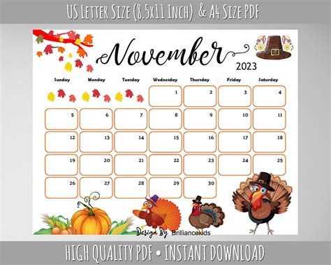 November Month Calendar 2023 Fall Planner Printable Turkey Etsy