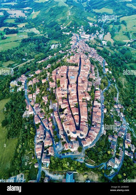 Aerial Drone Shot View Of Corde Sur Ciel Medieval Fortified Town On
