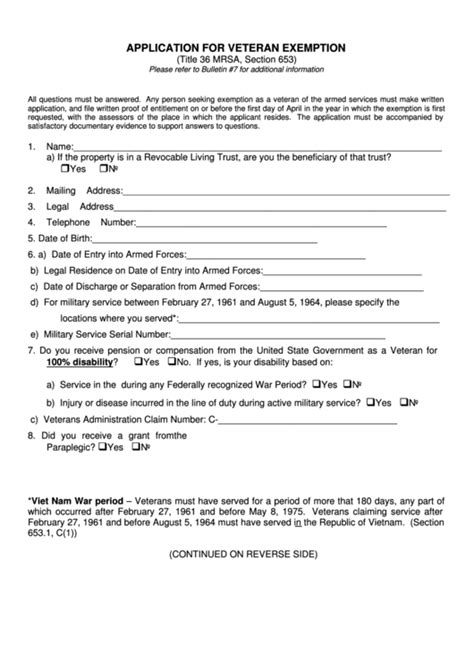 Application For Veteran Exemption Form 2005 Printable Pdf Download