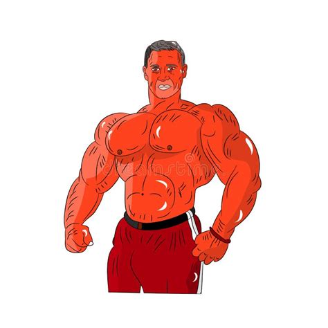 Male Bodybuilder Of Orange Style Strong Muscles Cartoon On White