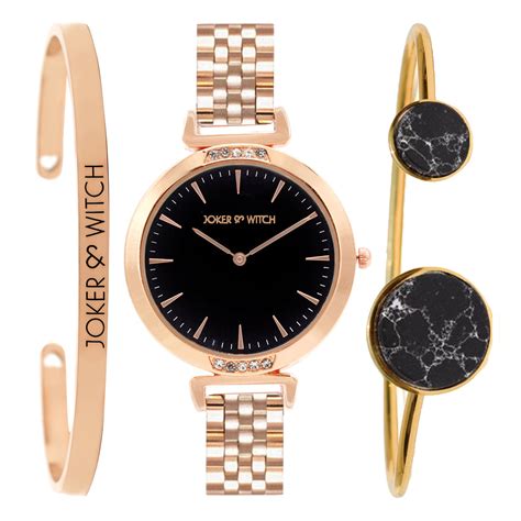Joker And Witch Tallie Black Dial Rosegold Watch Bracelet Stack For Women
