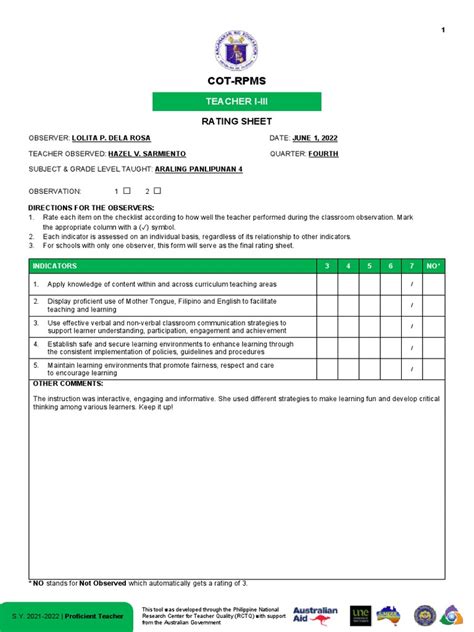 Appendix 3c Cot Rpms Rating Sheet For T I Iii For Sy 2021 2022 In The