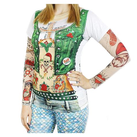 Faux Real Faux Tattoo Long Sleeve Shirt 3d Christmas Sweater Tee Vest T Shirt Women Large L