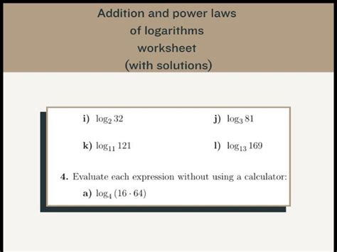 Addition And Power Laws Of Logarithms Worksheet With Solutions