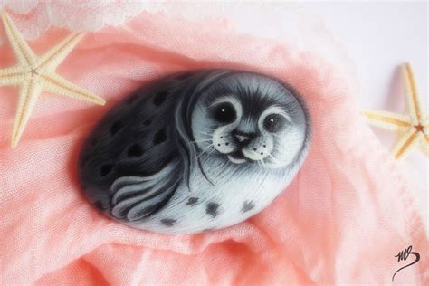 Seal Hand Painted On A Rock Realistic Harp Seal Stone Painting Pet