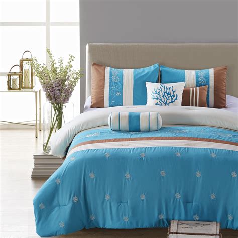 Elight Home Seaward Blue Embroidery 7 Piece Comforter Set Queen