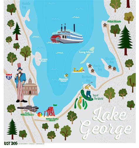 Lake George Map Illustration 24x36 Framed White Wood Blue And Gray