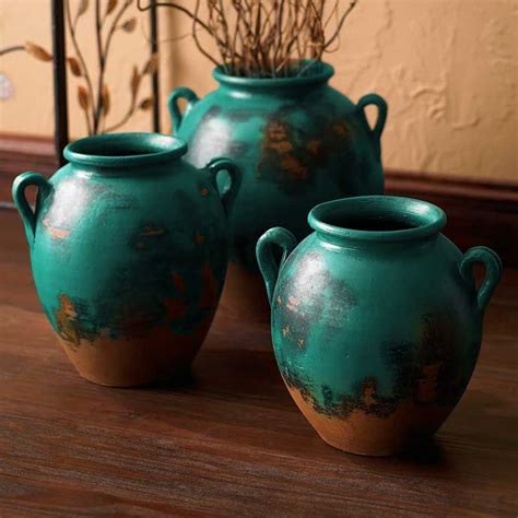 5584532501 Turquoise Clay Pots Set Of 3 Pottery Jars Southwest