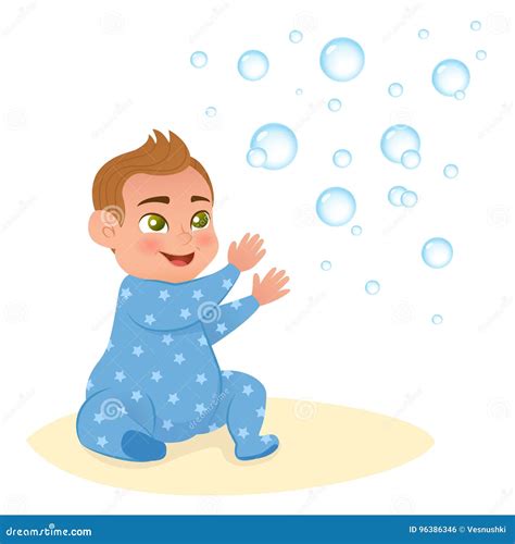 Cute Little Smiling Baby Boy Playing With Bubble Stock Vector