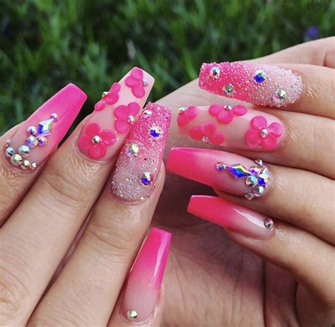 Hot Pink Summer Nails 3d Flowers Rhinestones Bling Pixie Dust Ombré