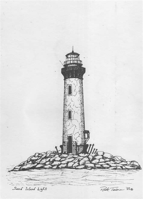 Drawing Lighthouse On A Rocky Island Original Signed Drawing
