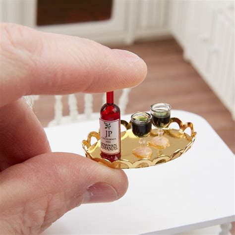 Dollhouse Miniature Red Wine Bottle Glasses And Tray Set Dining Room