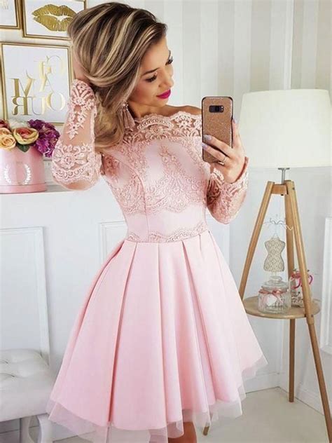 Long Sleeves Short Pink Lace Prom Dresses Short Pink Lace Formal Home