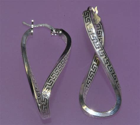 Two Side Figure 8 Twisted Greek Key Motif Hoop Earrings Real 925