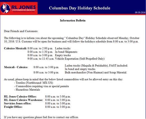 Calexico Columbus Day Holiday Schedule Rl Jones Customhouse Brokers