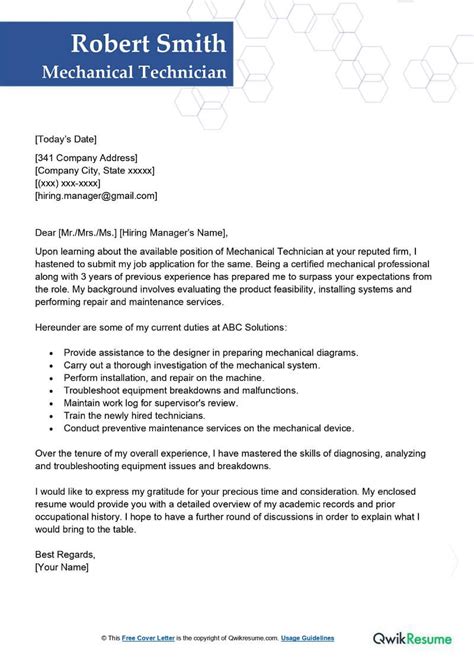 Mechanical Technician Cover Letter Examples Qwikresume
