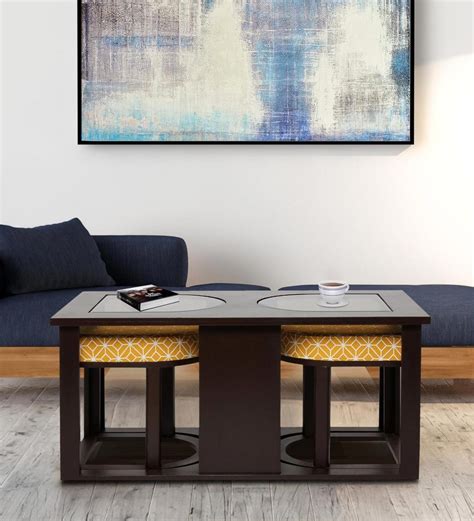 Buy Attractive Coffee Table with 2 Cushioned Stools in Ochre Colour by ARRA Online - Nesting 