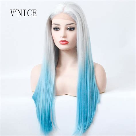 Vnice Silver Grey Root Ombre Blue Long Straight Hairstyle Synthetic