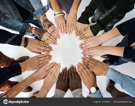 Happy Diverse People Standing Holding Hands Together Stock Photo My