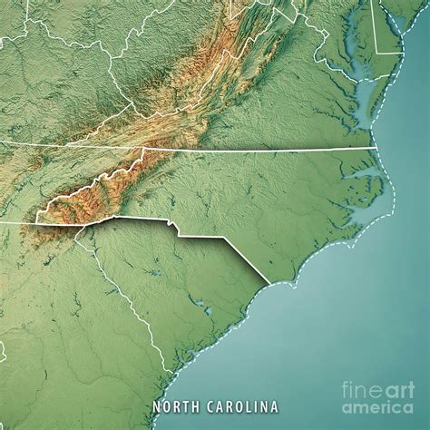 North Carolina State Usa 3d Render Topographic Map Border Digital Art