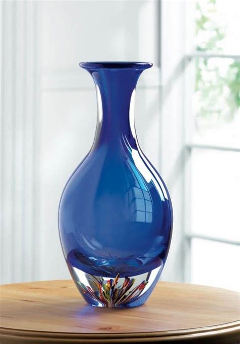 Vibrant Blue Art Glass Bottleneck Vase Tabletop Centerpiece Blue Vases Decor Blue Glass Vase