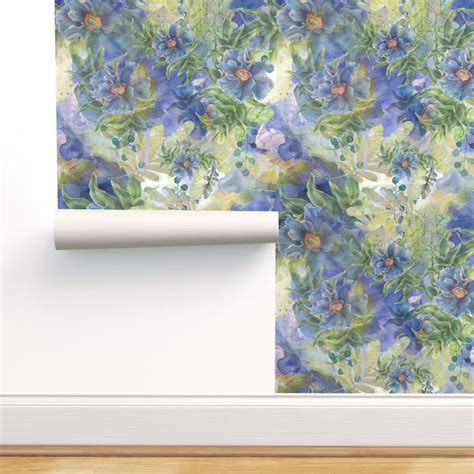 Peel And Stick Removable Wallpaper Flowers Blue Floral Abstract Vintage