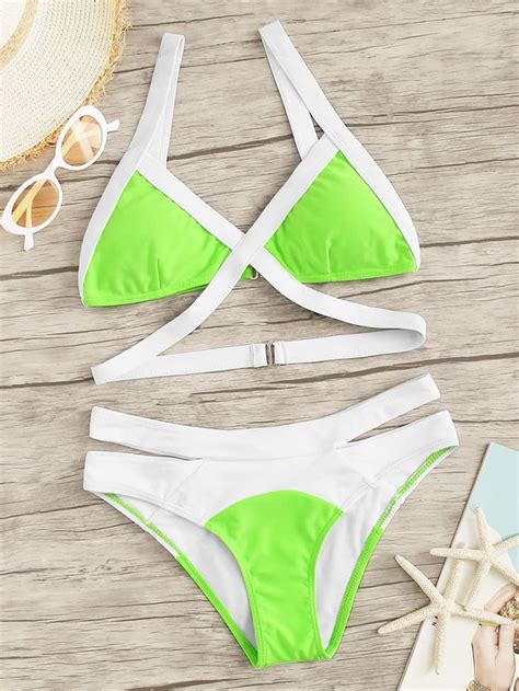 Neon Lime Contrast Trim Triangle Top With Loop Side Bikini Check Out This Neon Lime Contrast