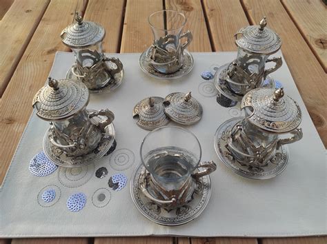 Turkish Silver Tea Cups Set For Person Luxury Turkish Tea Etsy
