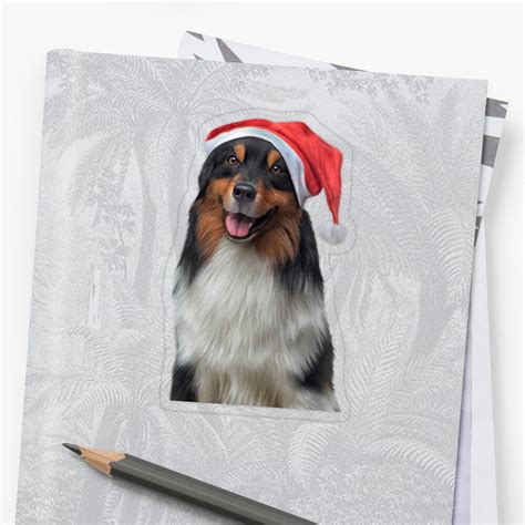 Dog Australian Shepherd In Red Hat Of Santa Claus Sticker By Bonidog