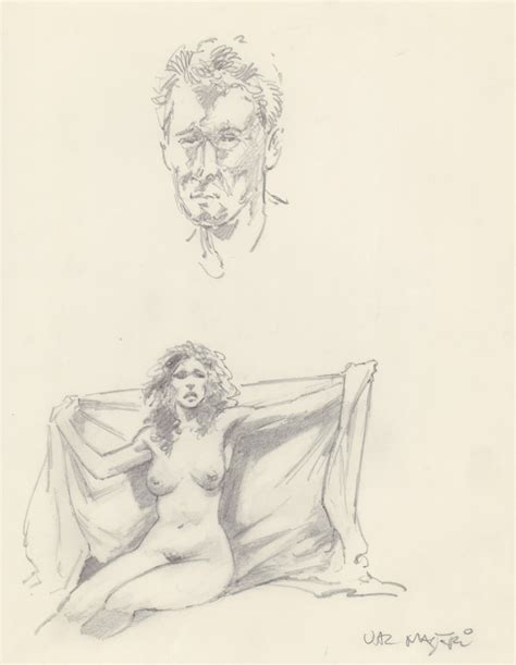 Nude With Blanket And Man S Portrait Pencil Art Signed By Val Mayerik