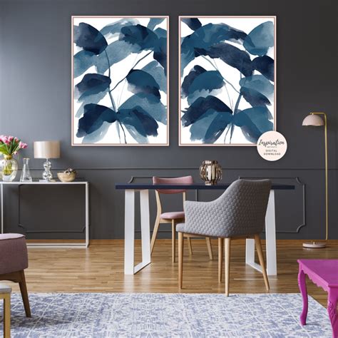 Set Of 2 Abstract Leaf Prints Navy Blue Wall Art Abstract Wall Art