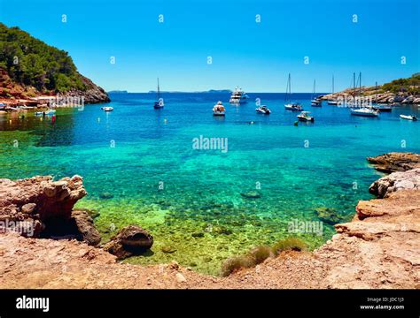 Sailboats At Cala Salada Lagoon Idyllic Scenery Ibiza Balearic