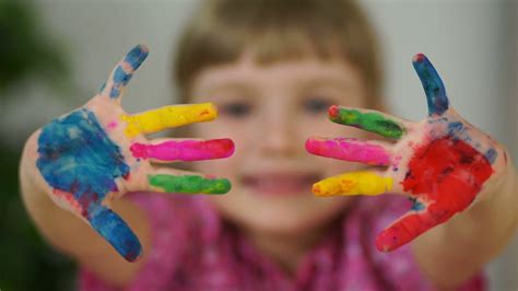 Portrait Of Laughing Child Hands In Paint Stock Footage Sbv 303497931