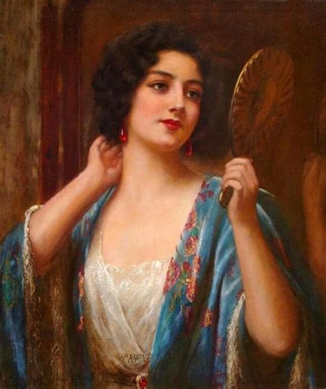 A Painting Of A Woman Brushing Her Hair With A Mirror In Front Of Her Face