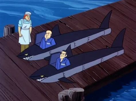 Two Cartoon Characters Standing On A Dock Next To An Airplane That Is Floating In The Water