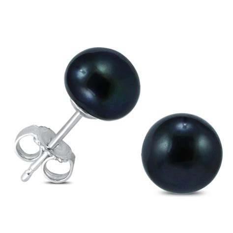 7 750mm All Natural Freshwater Black Cultured Pearl Stud Earrings In