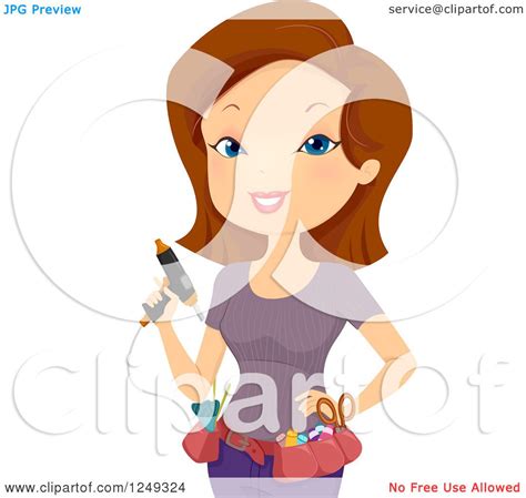 clipart of a brunette caucasian woman with a glue gun and accessory belt royalty free vector