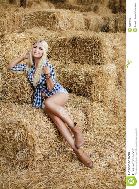 Blonde Woman Resting On Hay In Rural Areas Stock Photo Image Of Barn