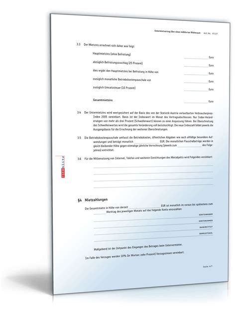Vertragsparteien 1.1 hauptmieter/in vorname, name: Untermietvertrag über möblierten Wohnraum - Muster-Vorlage ...