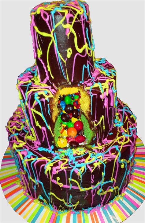 Gently press candies to level; Jackson Pollock Piñata Cake - Mom Loves Baking