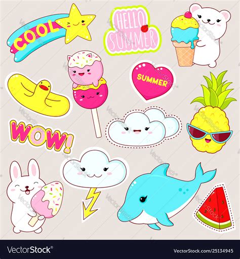 Set Cute Summer Stickers In Kawaii Style Vector Image