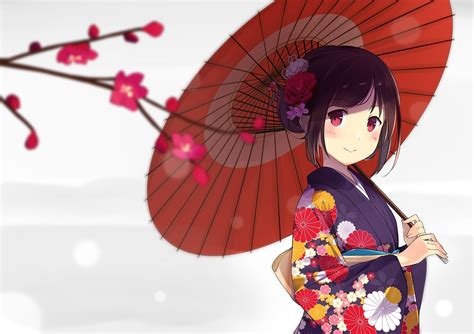 Wallpaper Flower Kimono Brown Hair Branch Umbrella Anime Girl