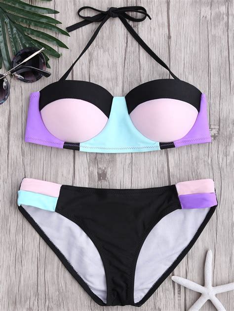 89 Off Halter Color Block Bikini Swimwear Rosegal