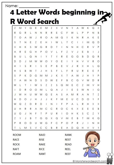 4 Letter Words Beginning In R Word Search Monster Word Search Word