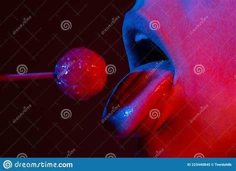 Close Up Lips With Lollipop Isolated Blowjob Sensual Mouth With